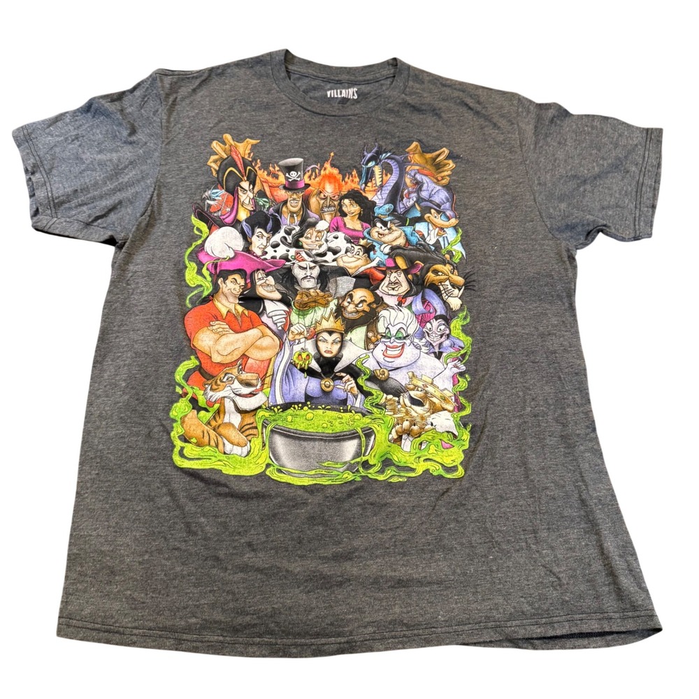 Disney Villains Graphic T-Shirt Charcoal Grey Maleficent Ursula Gaston Men Sz XL